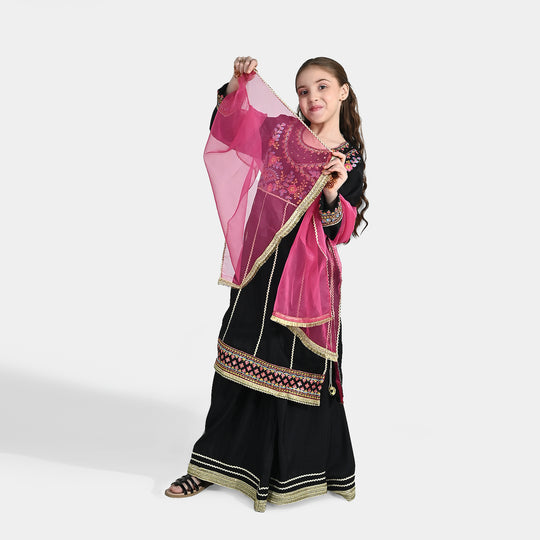 Girls Raw Silk Fancy 3Pcs - Black