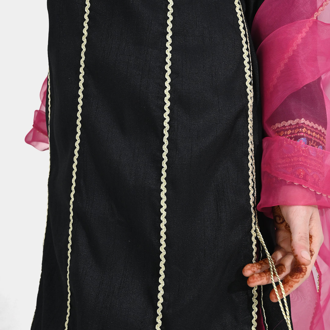 Girls Raw Silk Fancy 3Pcs - Black