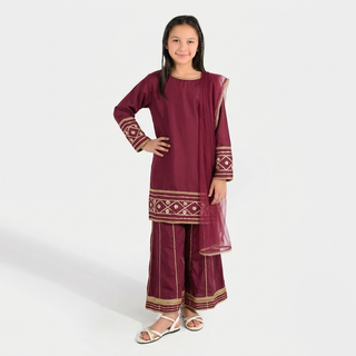 Girls Raw Silk 3Pcs Jahan Ara-Burgundy