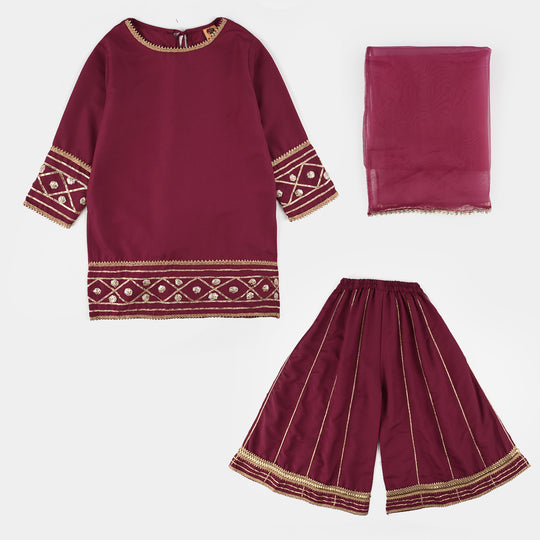 Girls Raw Silk 3-Piece Set (Jahan Ara) - Burgundy