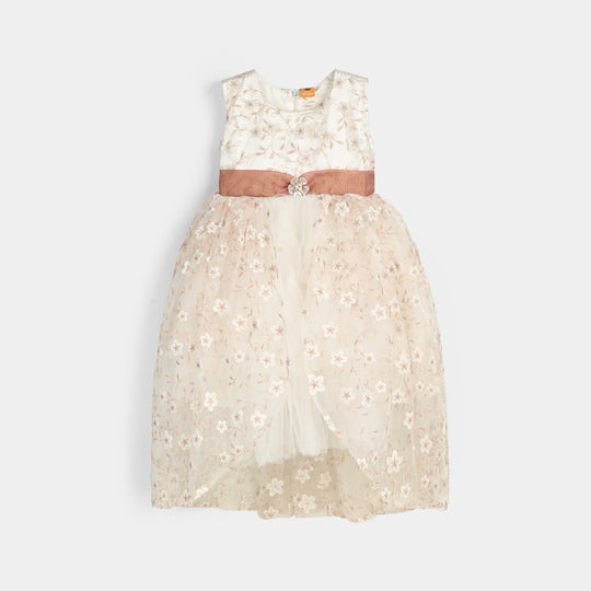 Girls Net Fancy Frock-Flower - OFF-White