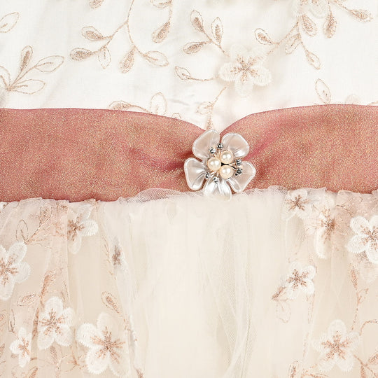 Girls Net Fancy Frock-Flower - OFF-White
