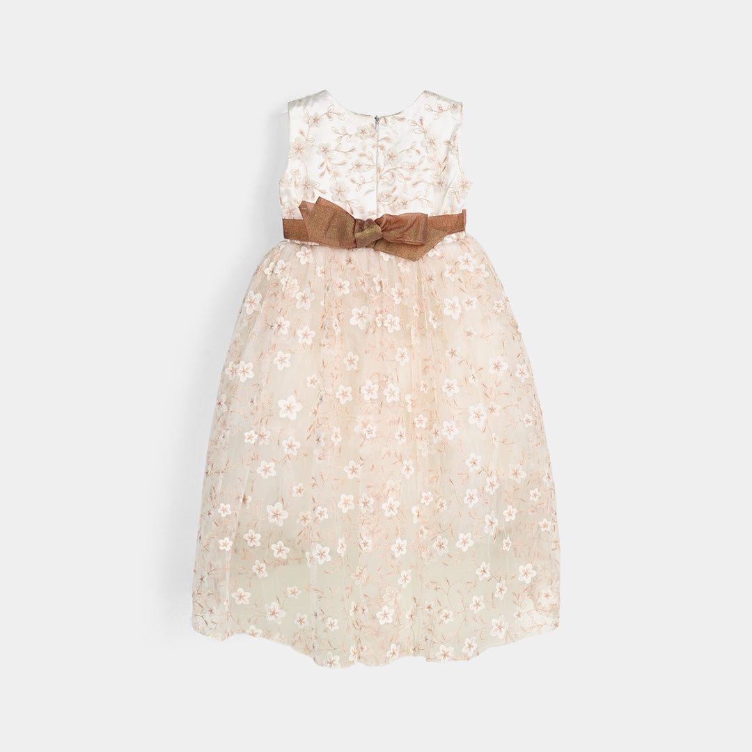 Girls Net Fancy Frock-Flower - OFF-White