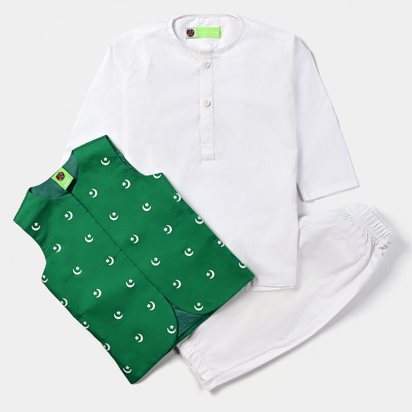 Infant Boys Cotton Poplin 3 Piece Suit (Azam-e-Pakistan)-Green/White