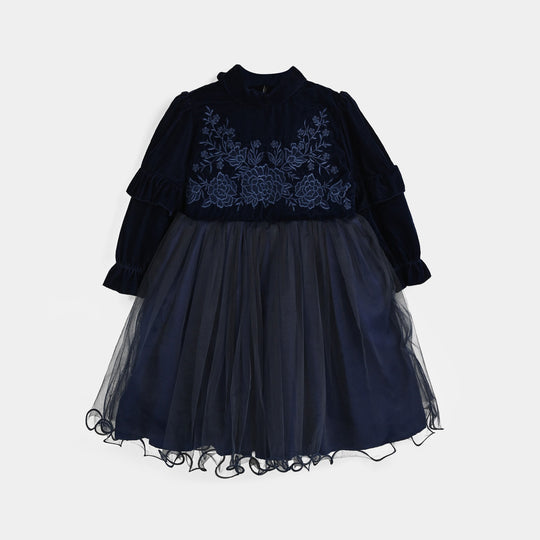 Girls Velvet Fancy Frock-EMB Grace - NAVY