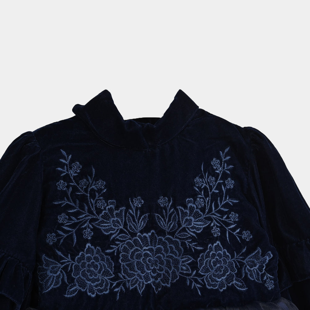 Infant Girls Velvet Fancy Frock EMB Grace - NAVY