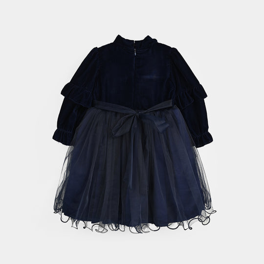 Girls Velvet Fancy Frock-EMB Grace - NAVY