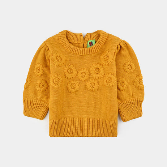 Infant Girls Acrylic Sweater-Flower Bunches-Mustard