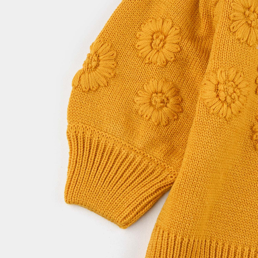 Infant Girls Acrylic Sweater-Flower Bunches-Mustard