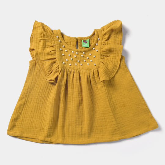 Infant Girls Cotton Casual Frock Yellow Pearls-Mustard