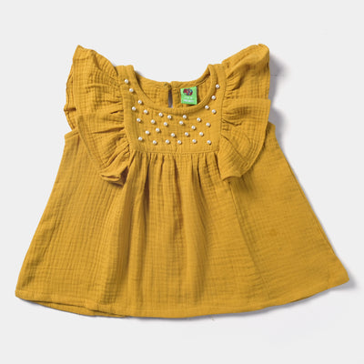 Infant Girls Cotton Casual Frock Yellow Pearls-Mustard