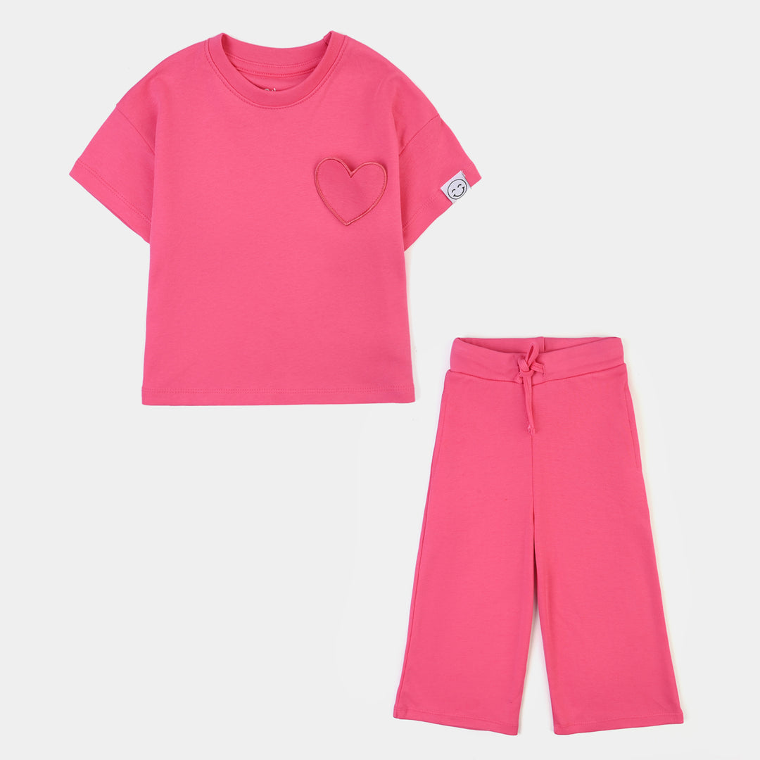 Girls Cotton Interlock 2 Piece Suit Smiley-Hot Pink