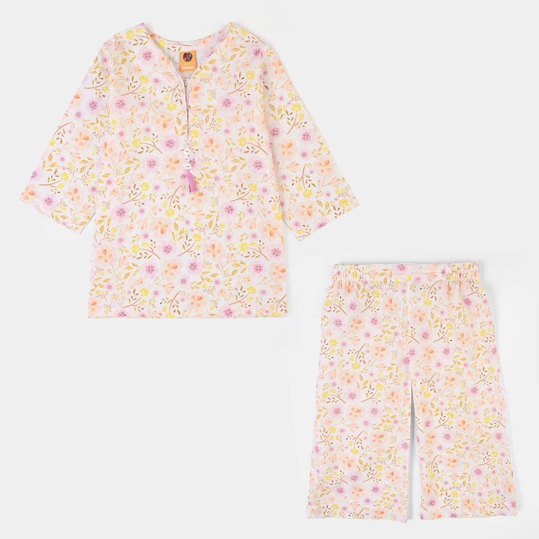 Girls Cotton Poplin Printed 2Piece Ditsy - White