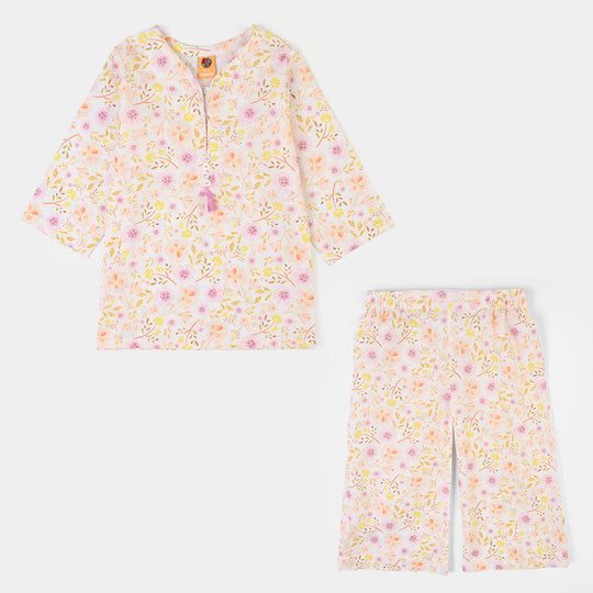 Girls Cotton Poplin Printed 2Piece Ditsy - White