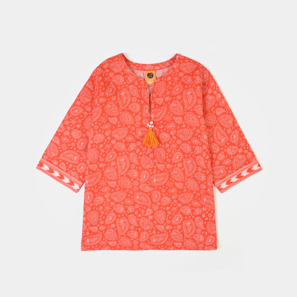 Girls Cotton Poplin Printed 2Piece Rang E Bahar-ORANGE