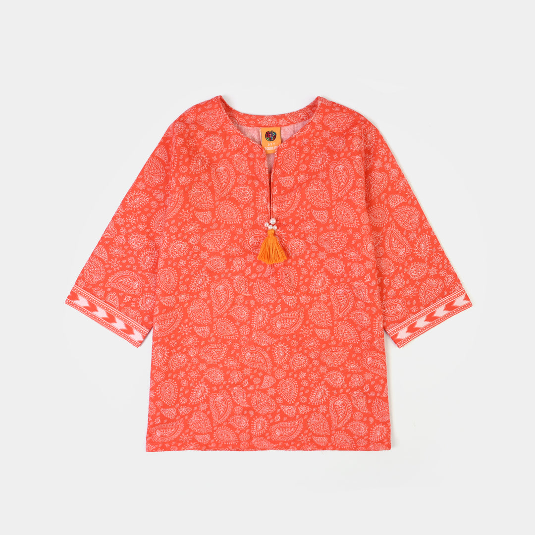 Girls Cotton Poplin Printed 2Piece Rang E Bahar-ORANGE