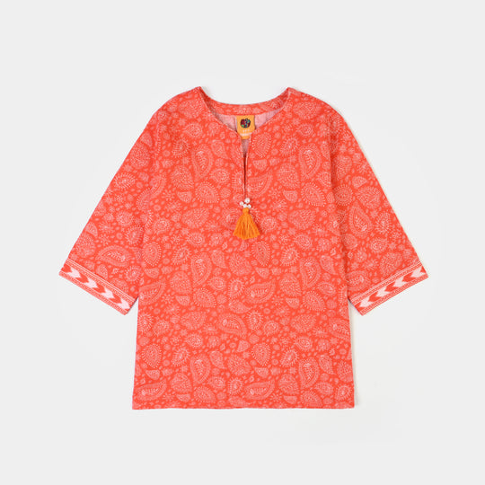 Girls Cotton Poplin Printed 2Piece Rang E Bahar-ORANGE