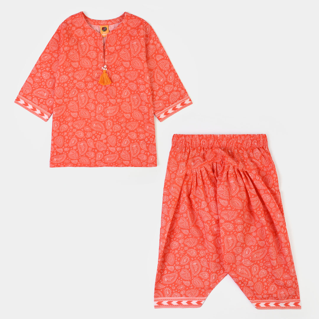 Girls Cotton Poplin Printed 2Piece Rang E Bahar-ORANGE