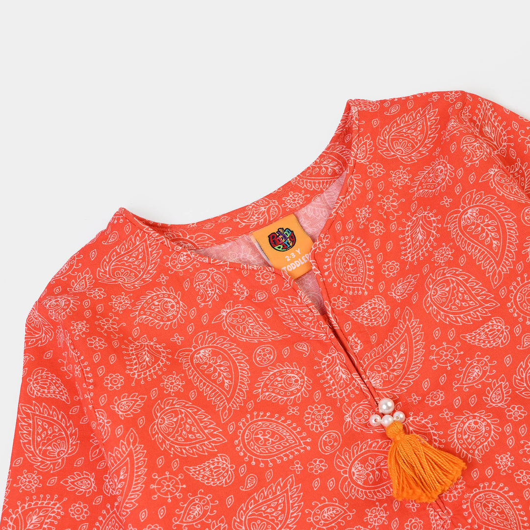 Girls Cotton Poplin Printed 2Piece Rang E Bahar-ORANGE