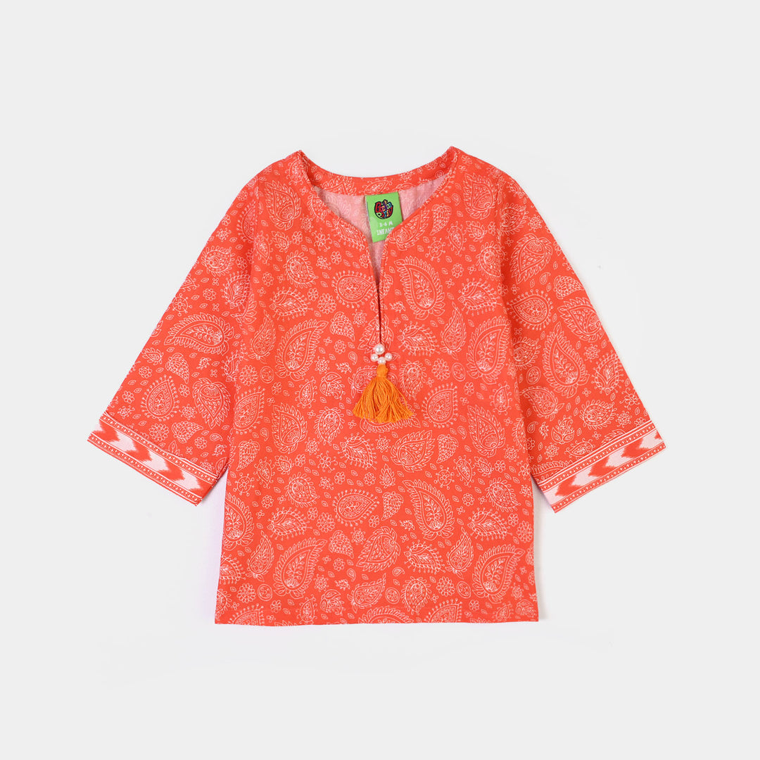 Infant Girls Cotton Poplin Printed 2Piece Rang E Bahar-ORANGE