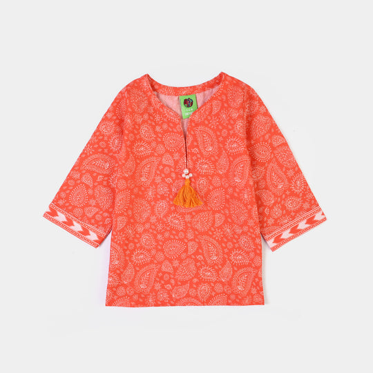 Infant Girls Cotton Poplin Printed 2Piece Rang E Bahar-ORANGE