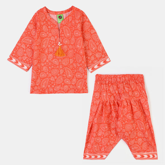 Infant Girls Cotton Poplin Printed 2Piece Rang E Bahar-ORANGE