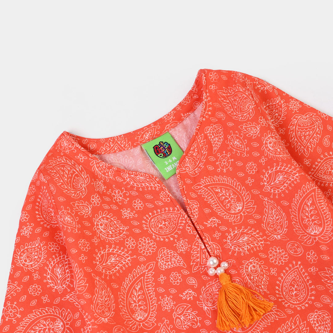 Infant Girls Cotton Poplin Printed 2Piece Rang E Bahar-ORANGE