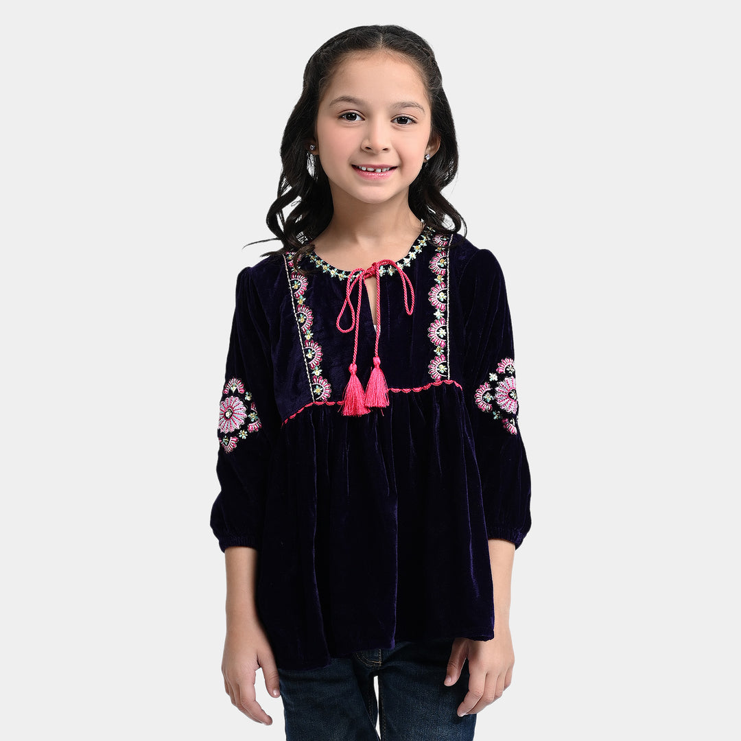 Girls Velvet EMB Top Jewel-Purple