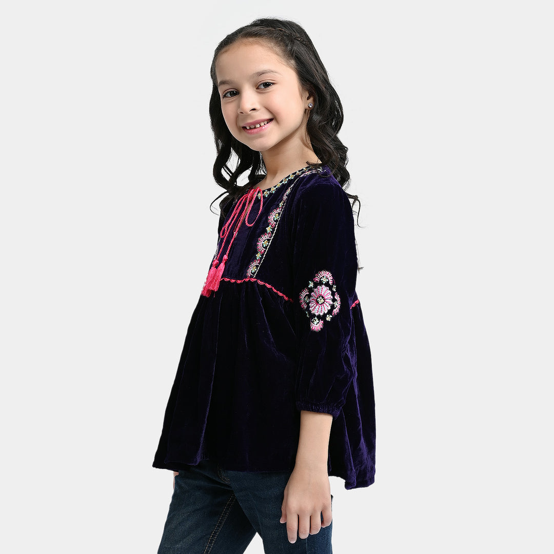 Girls Velvet EMB Top Jewel-Purple