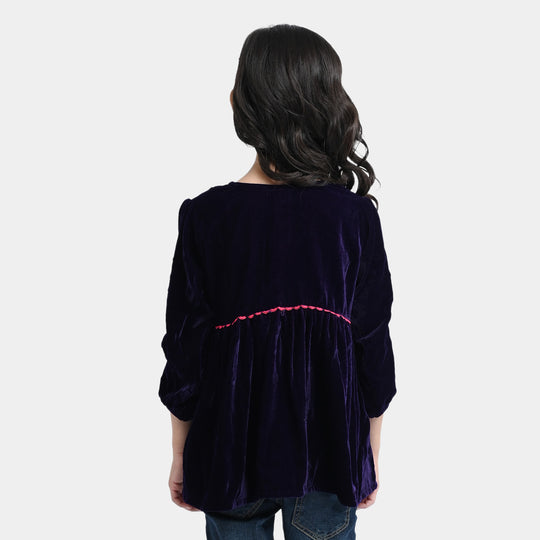 Girls Velvet EMB Top Jewel-Purple