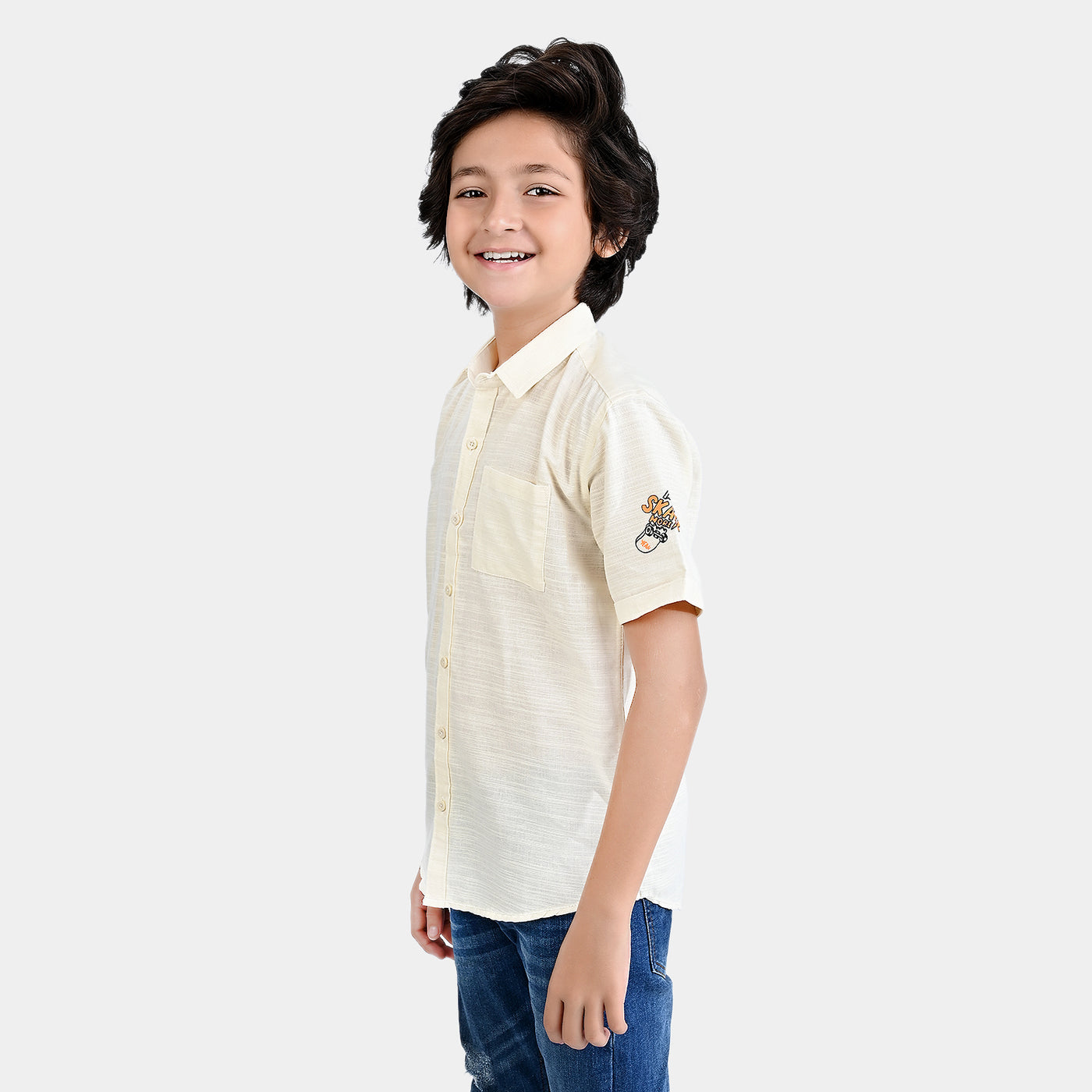 Boys Cotton Slub Casual Shirt H/S (Skate Board)-OFF-White