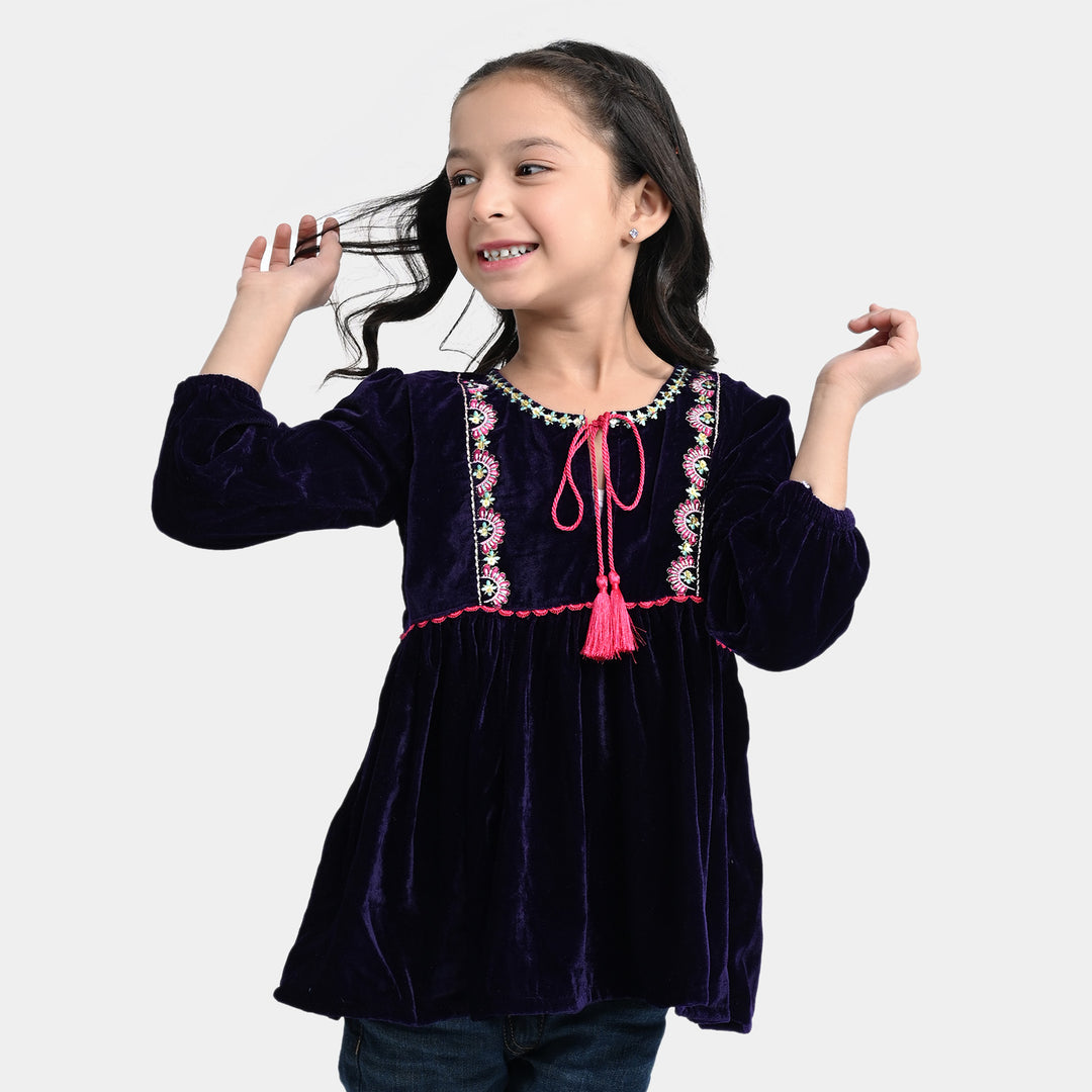 Girls Velvet EMB Top Jewel-Purple