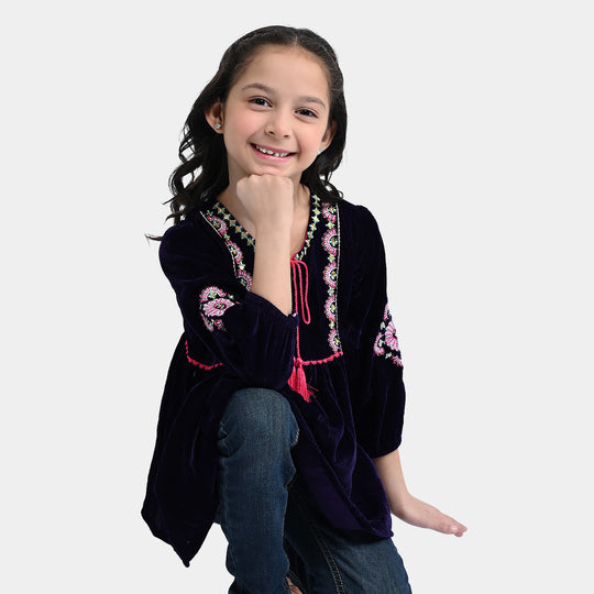 Girls Velvet EMB Top Jewel-Purple