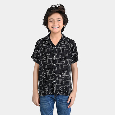 Boys Cotton Viscose Casual Shirt H/S (Lines)-BLACK