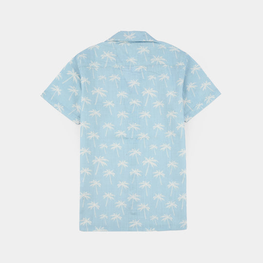 Boys Cotton Slub Shirt (Beach Tree)-Blue