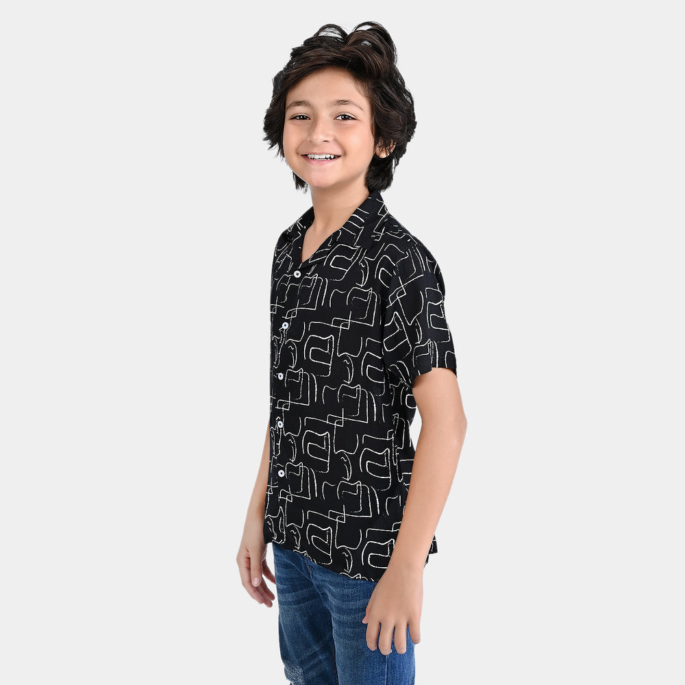 Boys Cotton Viscose Casual Shirt H/S (Lines)-BLACK