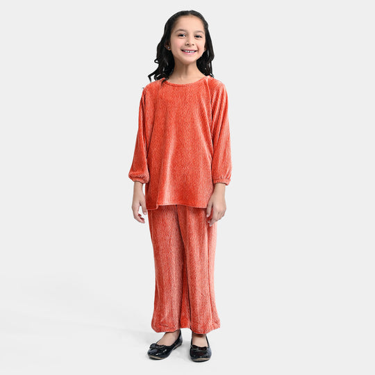 Girls Velvet Co-ord 2PCs Set - Rust