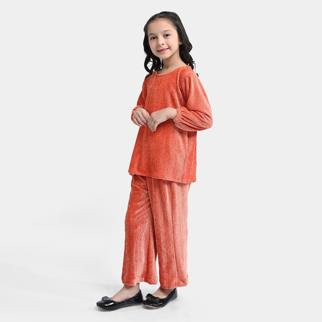 Girls Velvet Co-ord 2PCs Set - Rust