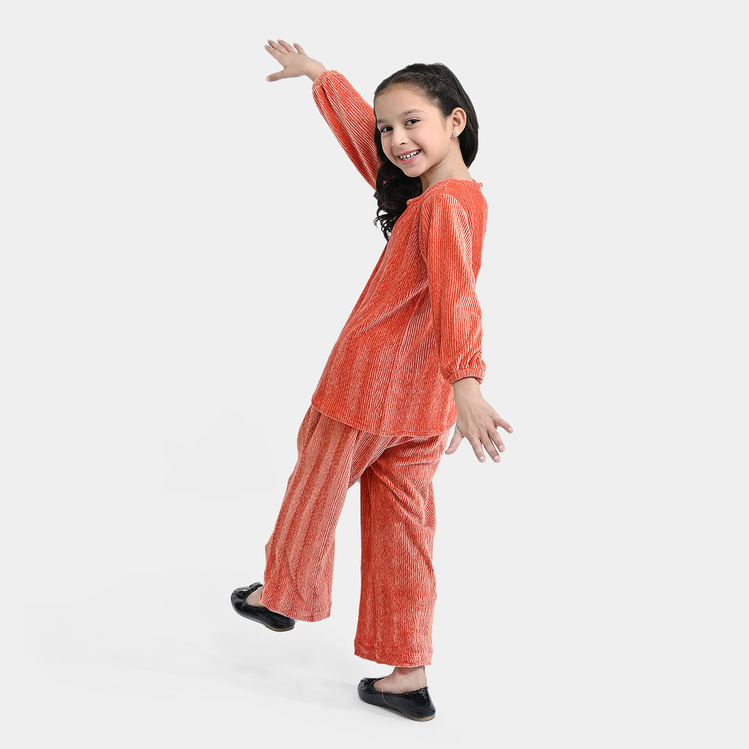 Girls Velvet Co-ord 2PCs Set - Rust