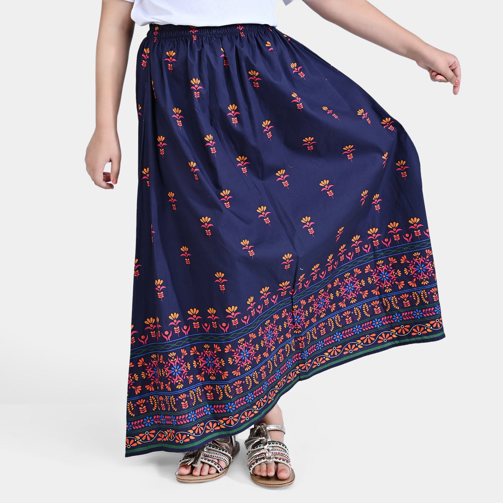 Girls Cotton Poplin Long Skirt Blooming-Navy Blue