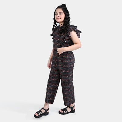 Girls Cotton Poplin JumpSuit Cross-BLACK