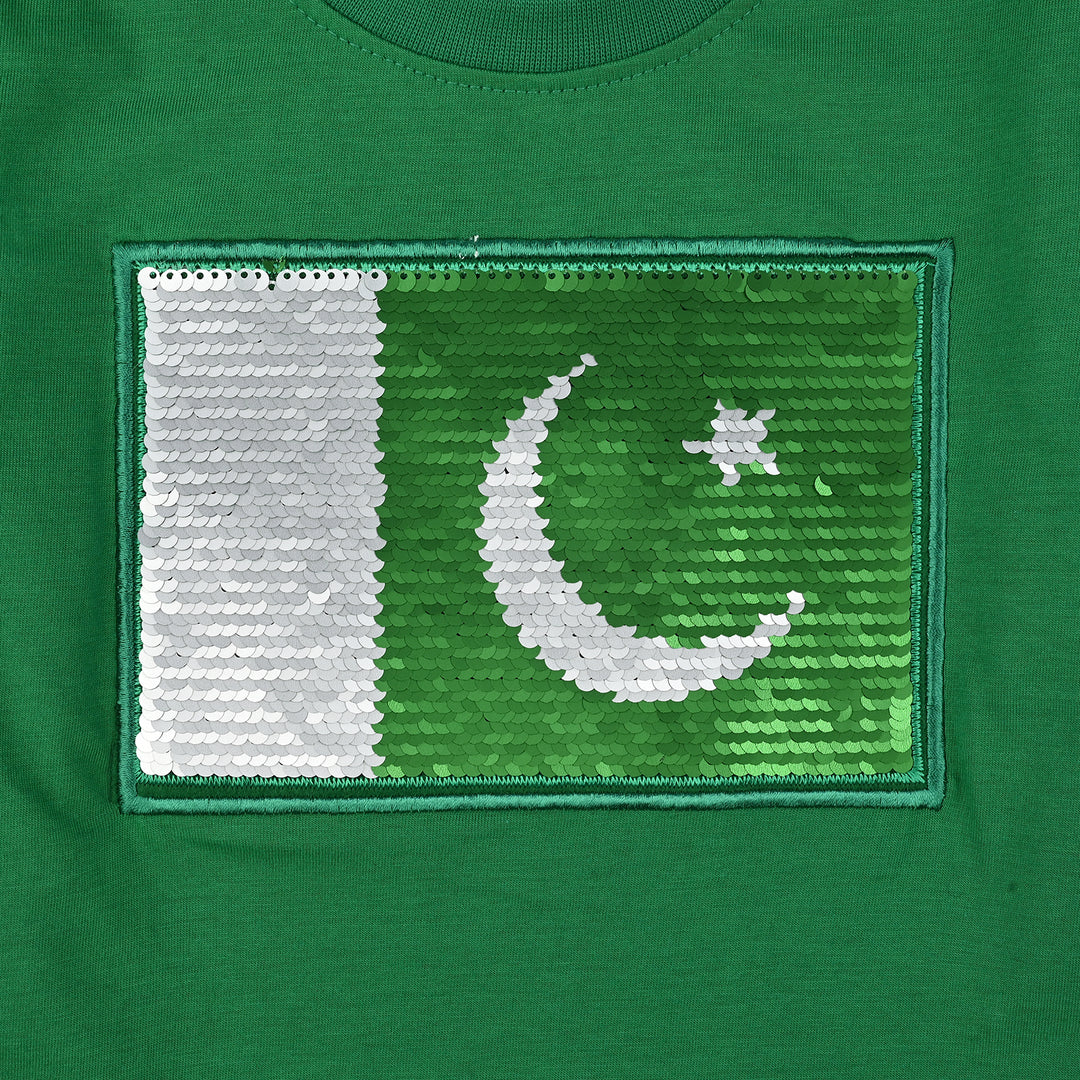 Boys Poly Cotton Jersey T-Shirt H/S SEQUINS FLAG-Joly Green