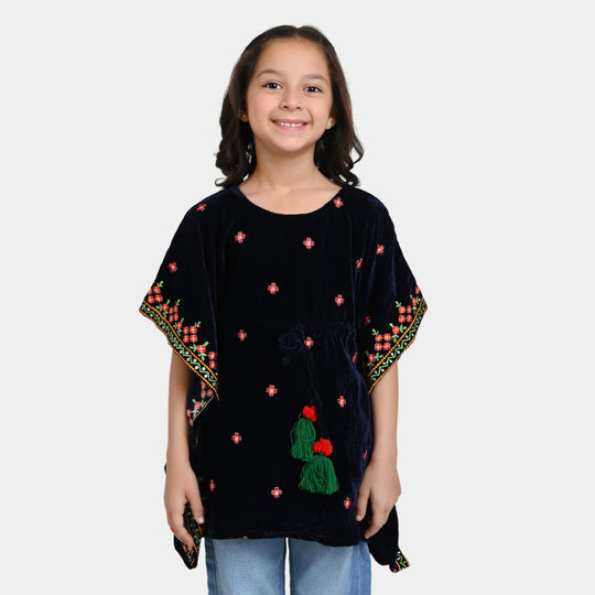 Girls Velvet Embroidered Top Kaftan-Navy Blue