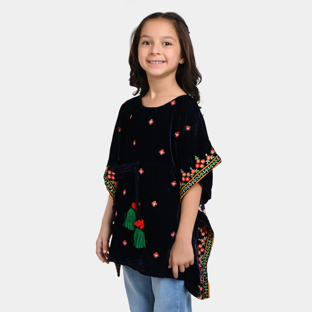 Girls Velvet Embroidered Top Kaftan-Navy Blue