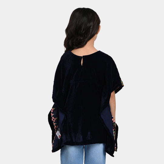 Girls Velvet Embroidered Top Kaftan-Navy Blue