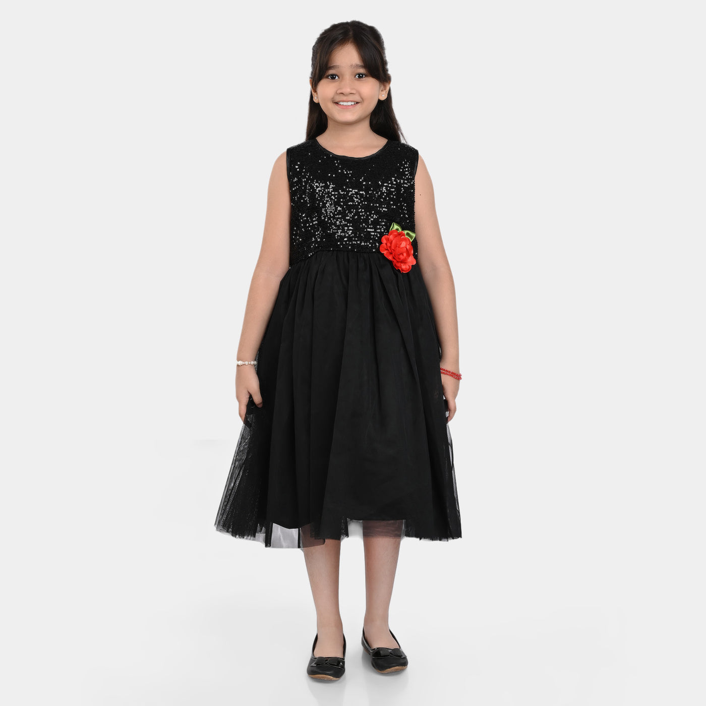 Girls Fancy Frock Sequins Flower-BLACK