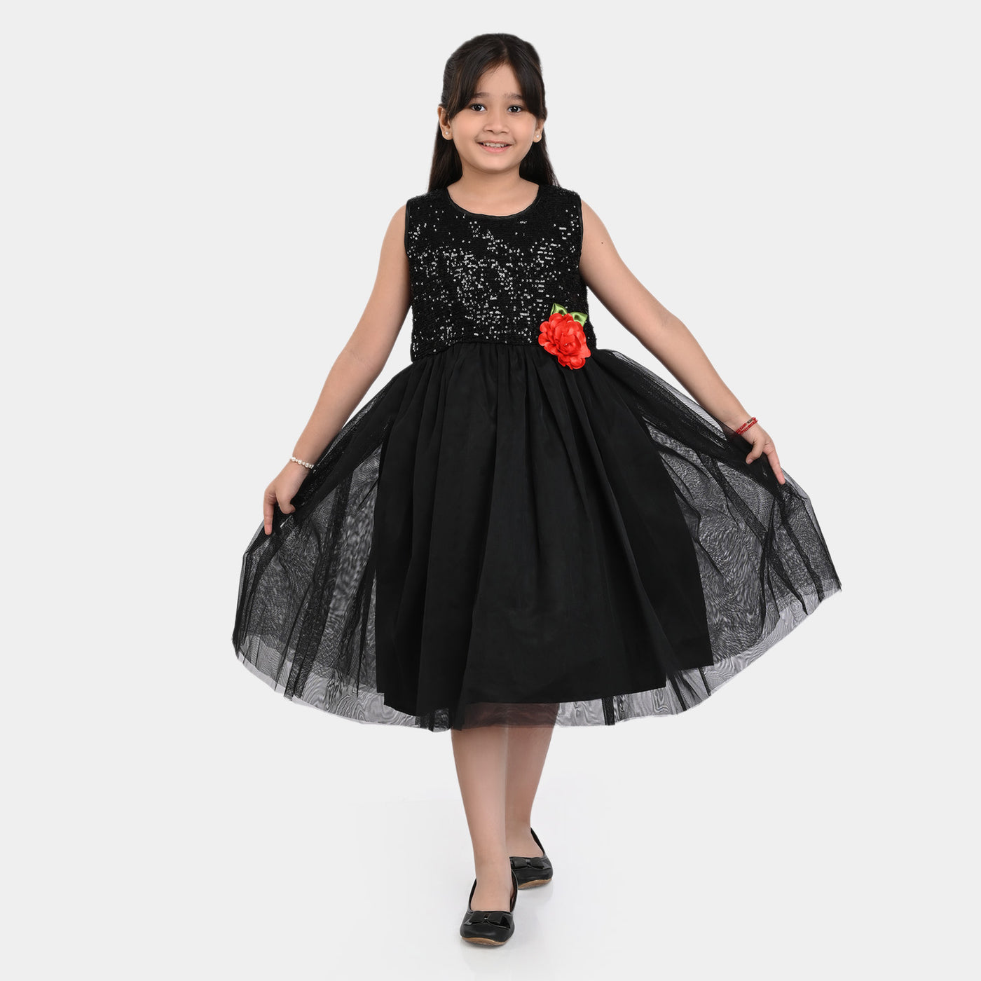 Girls Fancy Frock Sequins Flower-BLACK