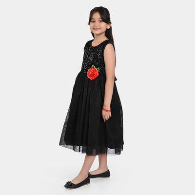 Girls Fancy Frock Sequins Flower-BLACK