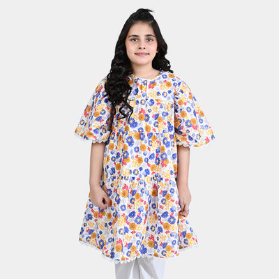 Girls Cotton Poplin Casual Frock Blue Daisy-Multi