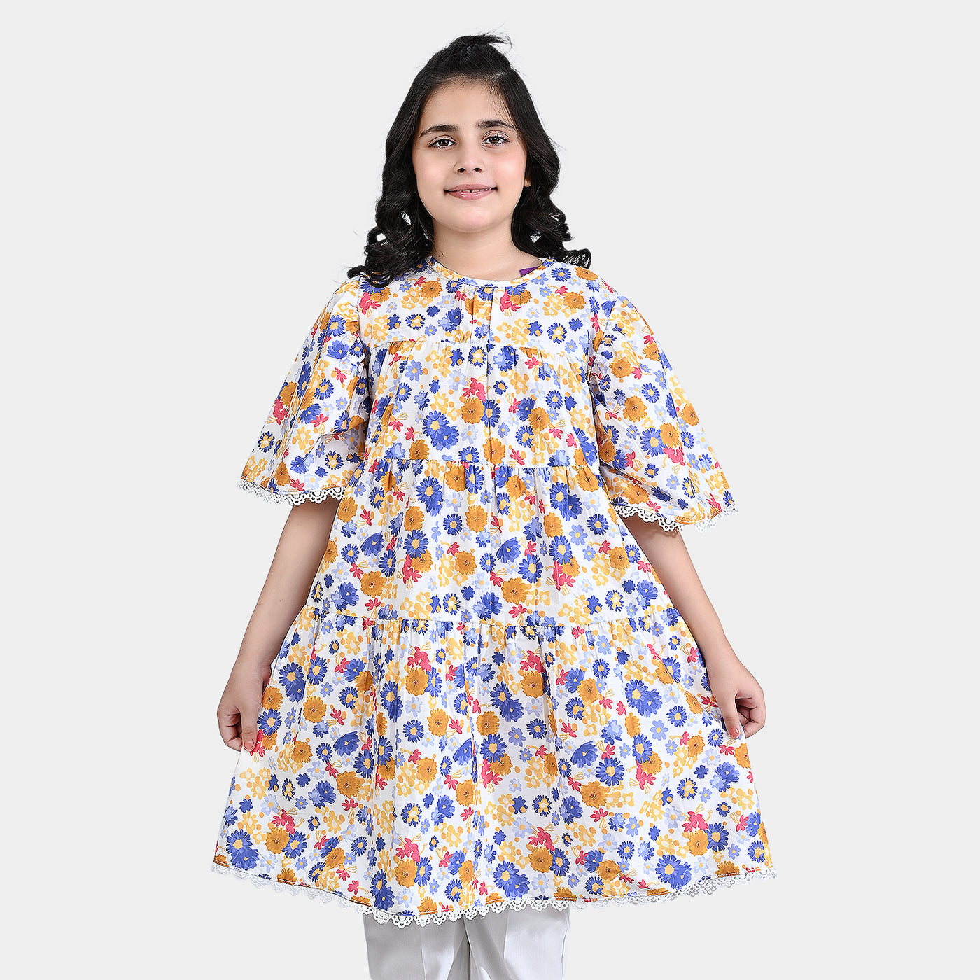 Girls Cotton Poplin Casual Frock Blue Daisy-Multi